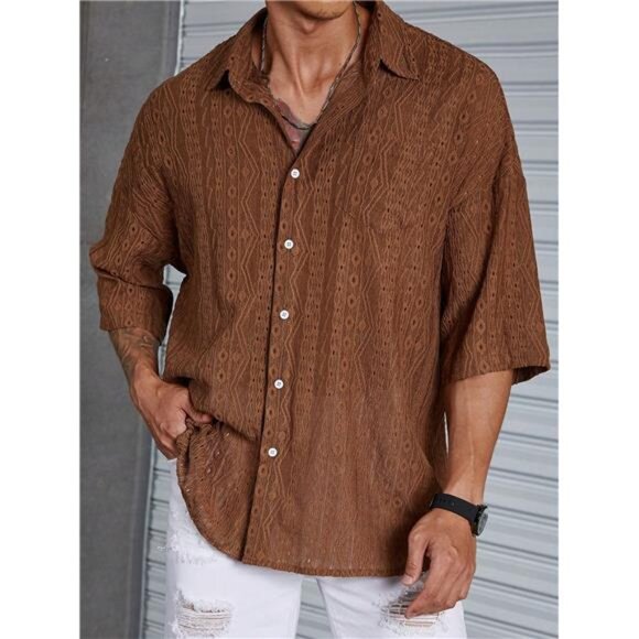 Loose-Fit Men's Solid Color Drop Shoulder Shirt Stylish Top T shirt for Man - Picture 5 of 6